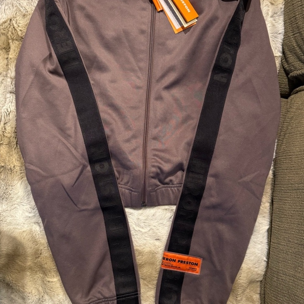Heron Preston Grey Girls Zipper Jacket. Striking Black Striped Sleeve.  NWT